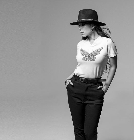 lady wearing an image of a butterfly from the "Anatomy-of-Beauty" line, part of the Eli-by-NOK collection