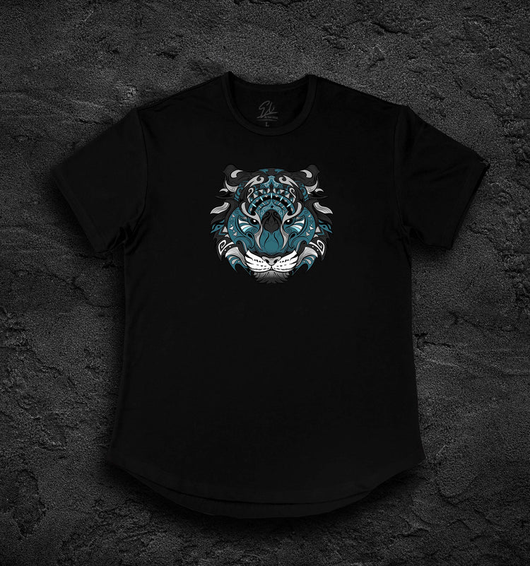 Blue Tiger Face T-shirt by Eli-by-NOK. Triblend, Curved hem., Very soft and breathable. 